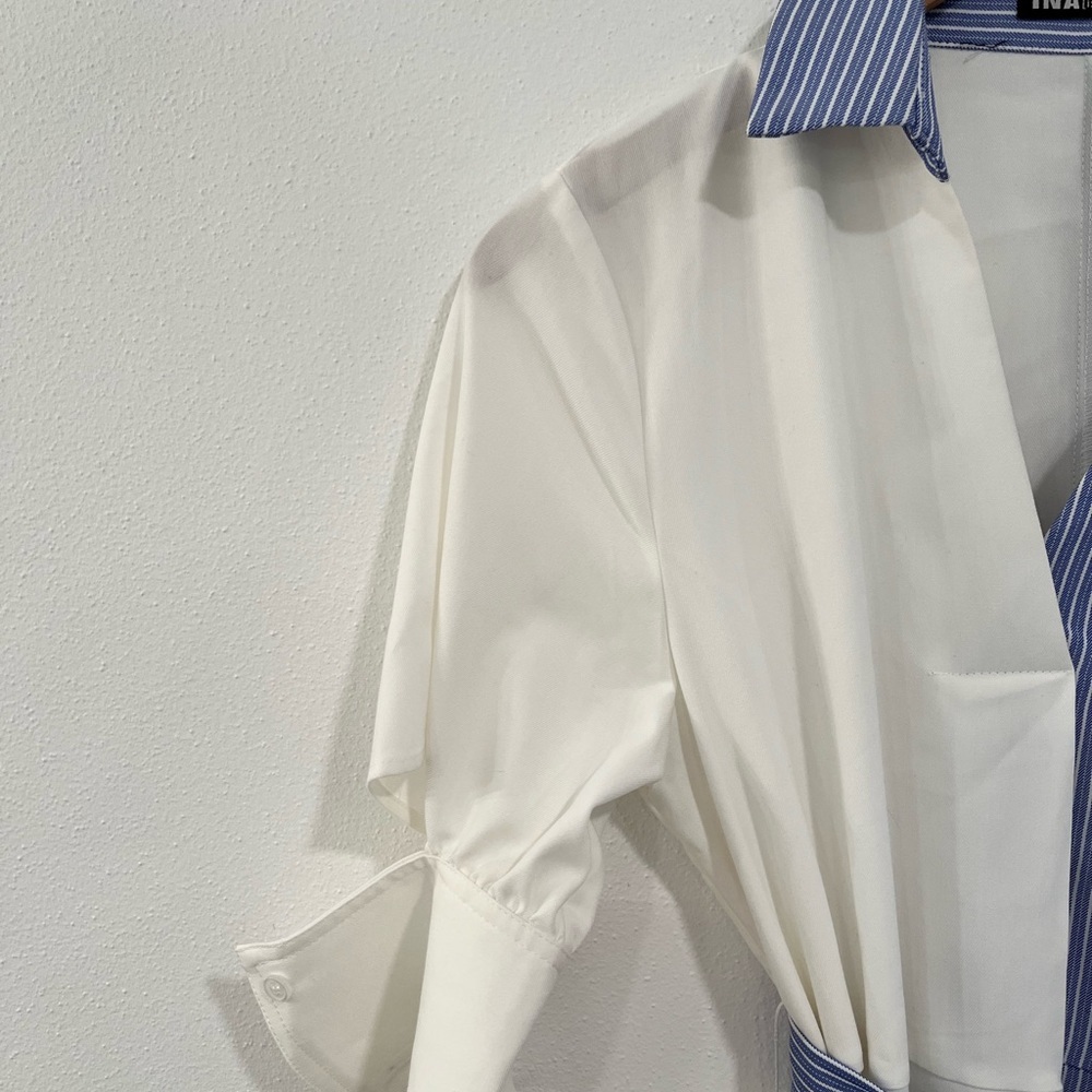I:NA blue & white colorblock striped asymmetrical hem tie waist shirt dress NWT - Picture 6 of 16